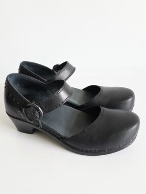 Dansko Makenna Black Leather Chunky Heel Buckle Mary Jane Mules Clogs Pumps 39